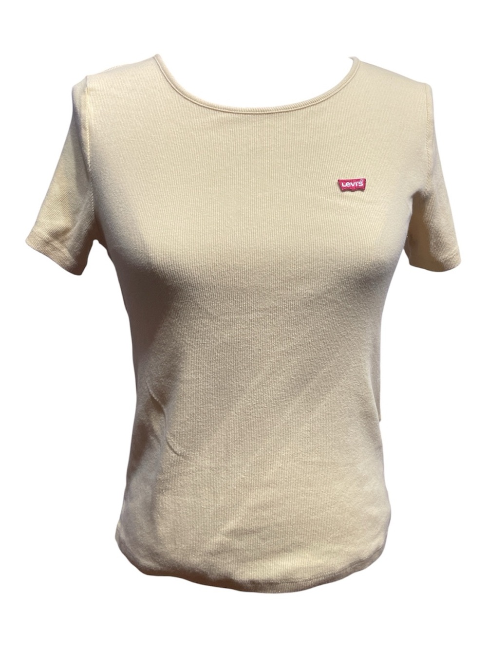 Levi's Women's Cream Short Sleeve Ribbed Tee with Pink Logo